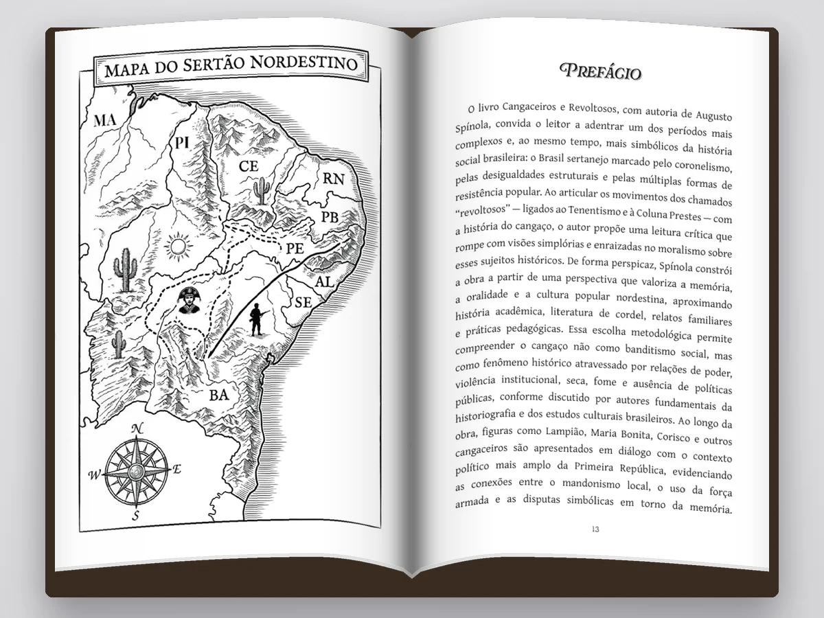 Livro aberto de Cangaceiros e Revoltosos, com o mapa do sertão nordestino ao lado do prefácio