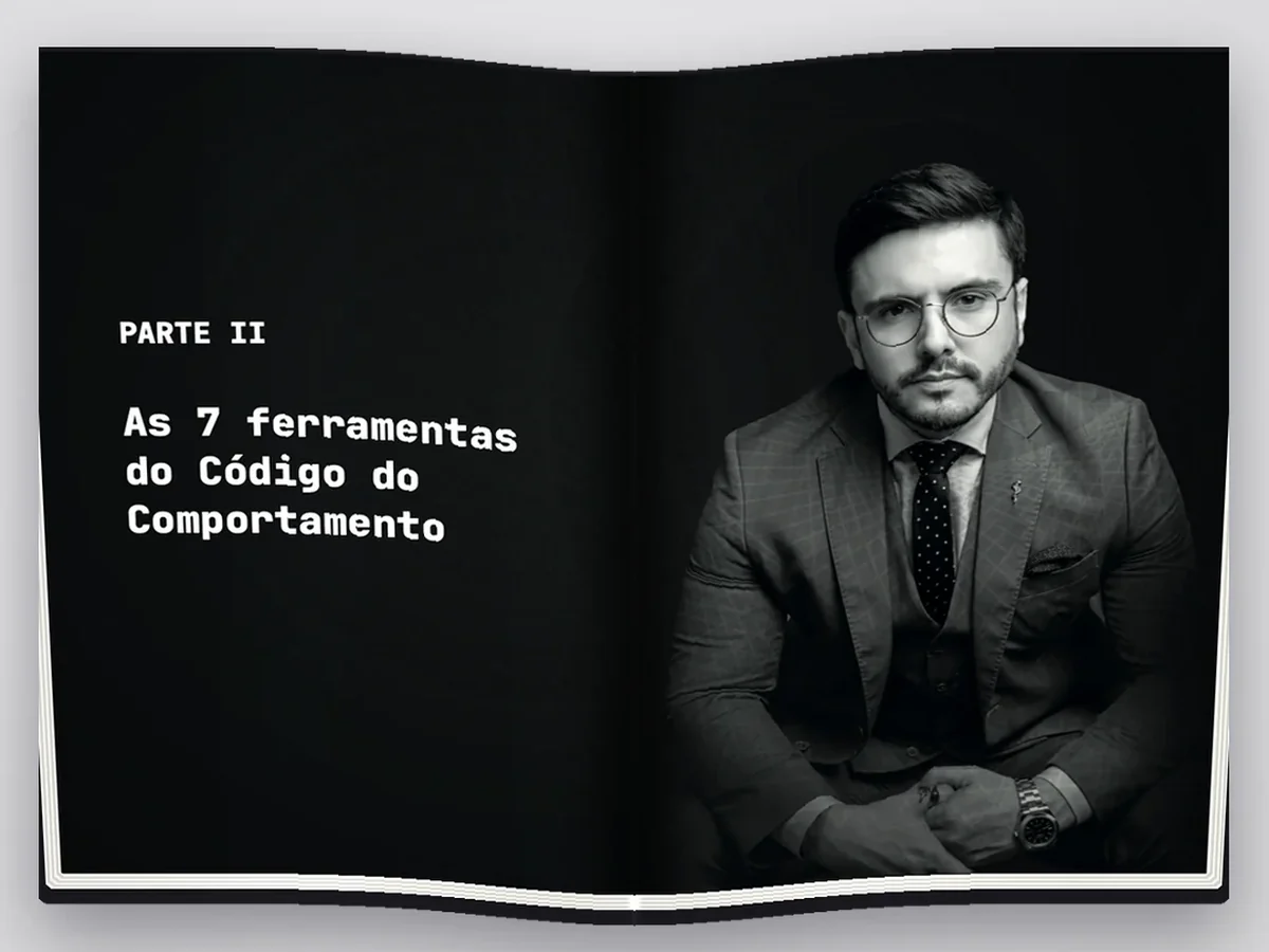 Livro aberto na Parte II de O Código do Comportamento, com a foto do autor na página da direita