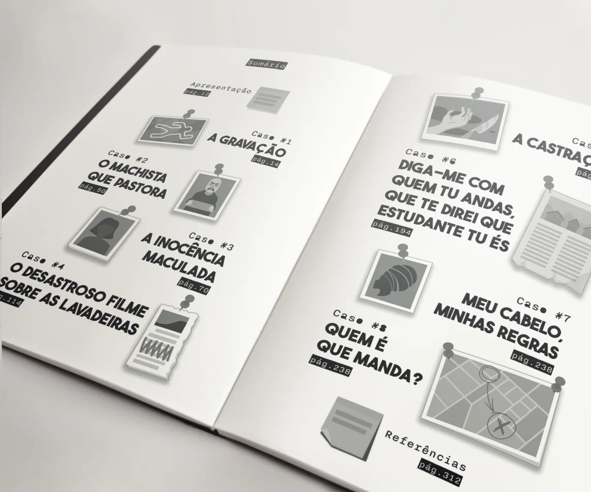 Sumário do livro Na Mira da Dor, montado como um mural de investigação, com fotos e fitas